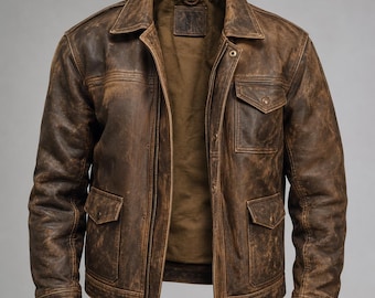 Men's Distressed Brown Leather Trucker Jacket – Slim Fit Western Style Coat