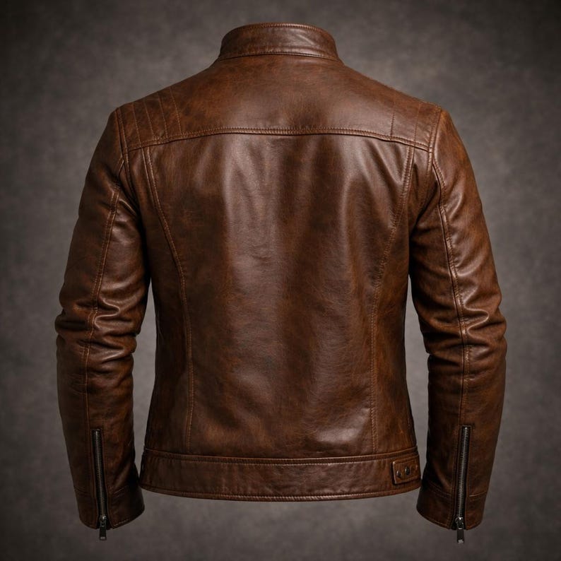 May include: A brown leather jacket shown from the back, featuring a stand-up collar, horizontal shoulder panels, long sleeves with vertical zippered cuffs, and a straight hemline with a small side tab detail and visible tonal stitching throughout.