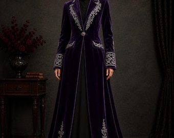 Purple Velvet Gothic Coat for Women, Silver Embroidered Victorian Long Tailcoat, Elegant Formal Wedding Evening Statement Outerwear