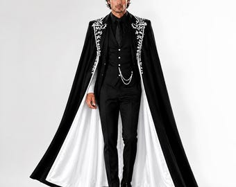 Black Cape Suit with White Embroidery for Men, Gothic Wedding Outfit, Luxury Formal Cape Blazer, Black Tie Groom Attire