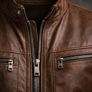 May include: A brown leather jacket featuring a stand-up collar with a snap button closure, a central metal zipper, and two horizontal zippered chest pockets. The jacket has visible stitching details and a textured finish on the leather surface.