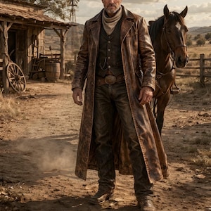 Könnte beinhalten: Ein Mann in einem braunen Leder-Duster-Mantel, einer Weste und Jeans steht in einer staubigen Umgebung im Freien. Er trägt einen Gürtel mit einer dekorativen Schnalle und Cowboy-Stiefel. Ein Pferd steht in der Nähe. Ein rustikales Holzgebäude und eine Windmühle sind im Hintergrund.
