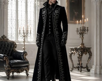 Men's Black Velvet Embroidered Tailcoat, Gothic Formal Coat, Victorian Style Long Jacket for Men, Luxury Wedding Evening Wear