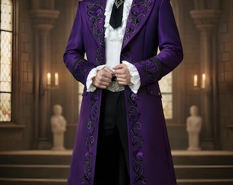 Men's Purple Gothic Victorian Tailcoat Wool Blend Embroidered Formal Coat Renaissance Wedding Cosplay Steampunk Prince Jacket