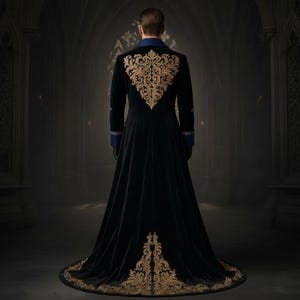 Puede incluir: Un abrigo largo de terciopelo negro con bordados dorados en la espalda y el dobladillo. El abrigo tiene cuello y pu&ntilde;os azules. La persona est&aacute; de espaldas a la c&aacute;mara, en una habitaci&oacute;n tenue con ventanas arqueadas.