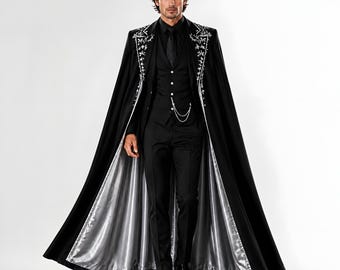 Black Cape Tuxedo Suit with Silver Embroidery, Formal Groom Ensemble, Men's Luxury Evening Wear, Wedding Reception Outfit, Gothic Style
