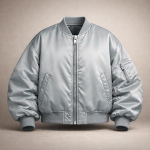 Puede incluir: Chaqueta bomber gris claro con cuello, puños y dobladillo de canalé. La chaqueta tiene una cremallera plateada y dos bolsillos delanteros. Las mangas tienen un bolsillo con cremallera. La chaqueta es de un material brillante y liso.