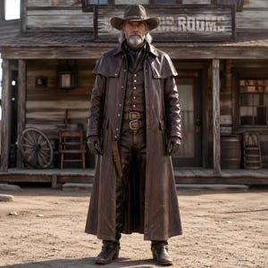 May include: A person in a brown leather duster coat, hat, and boots stands in front of a wooden building. The coat has a long, flowing design with a double-breasted front and a wide collar. The person is wearing a brown hat and gloves, and a holster is visible.