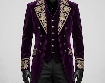 Men's Purple Velvet Gothic Tailcoat, Embroidered Victorian Steampunk Jacket, Baroque Formal Wear