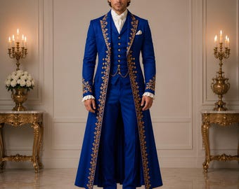 Royal Blue Embroidered Tailcoat Suit, Victorian Regency Formal Menswear