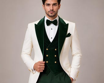 Men's Emerald Velvet Tuxedo Suit, Ivory Dinner Jacket, Formal Wedding Groom Attire