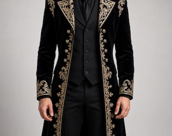 Men's Black Velvet Gothic Embroidered Tailcoat Victorian Formal Wedding Coat Luxury Military Style Jacket for Groom Cosplay Events