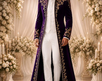 Men's Purple Velvet Embroidered Tailcoat, Gold Embellished Formal Wedding Coat, Luxury Gothic Prince Jacket, Victorian Groom Outerwear