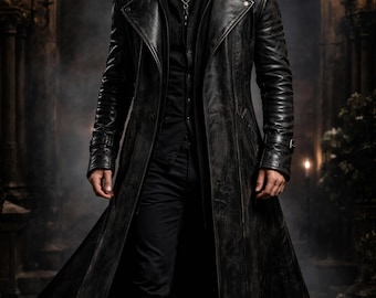 May include: A long black leather trench coat with a wide collar, structured shoulders, and buttoned cuffs. The coat is worn over a black button-down shirt and black trousers, featuring a textured finish and a full-length silhouette.