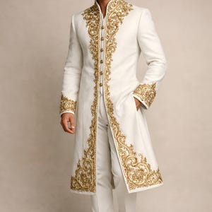 Men's Ivory Gold Embroidered Sherwani Coat, Luxury Wedding Groom Attire image 2