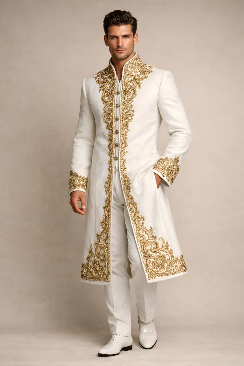 Men's Ivory Gold Embroidered Sherwani Coat, Luxury Wedding Groom Attire image 2