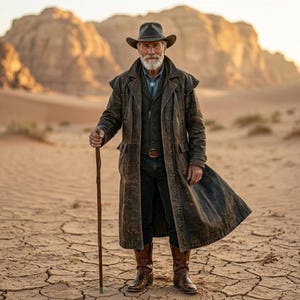 Op de afbeelding: Een man in een bruine leren dusterjas, cowboyhoed en laarzen staat in een woestijnlandschap en houdt een houten wandelstok vast. De jas is lang en verweerd, met een donkerbruine kleur. De man heeft een witte baard en draagt een donker overhemd en jeans.