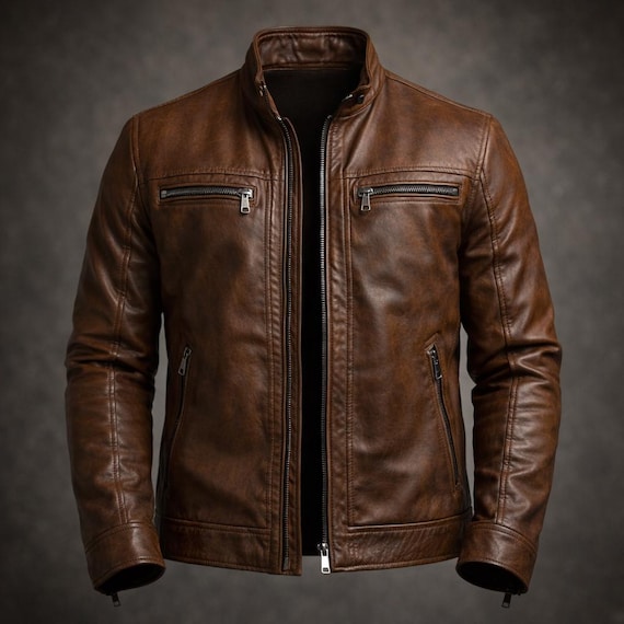 Brown Leather Jacket for Men, Vintage Moto Jacket, Zip Front Biker Coat, Minimalist Motorcycle Outerwear, Rugged Fall Street Style