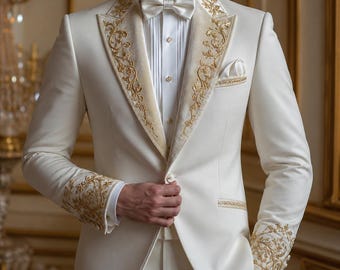 Chaqueta de esmoquin color marfil bordada, solapa de satén barroco dorado, traje formal de novio.