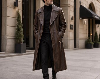 Men's Brown Leather Trench Coat, Long Leather Overcoat for Men, Classic Tailored Coat, Smart Casual Outerwear, Fall Winter Style