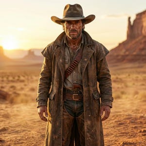 Pode incluir: Um homem com chapéu de cowboy marrom e casaco comprido em uma paisagem desértica. Ele usa um cinto de couro marrom com coldre e bandoleira. O fundo apresenta um pôr do sol e formações rochosas.