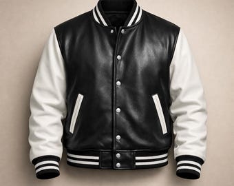 Men's Genuine Cowhide Leather Varsity Jacket | Black White Baseball Bomber Coat