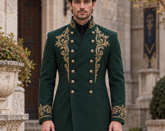 Men’s Forest Green Victorian Coat, Gold Embroidered Military Frock Coat, Gothic Wedding Jacket, Formal Steampunk Statement Outerwear