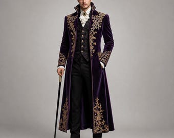 Men's Purple Velvet Embroidered Long Coat, Gothic Victorian Formal Tailcoat, Gold Embroidery Dress Coat, Renaissance Wedding Jacket