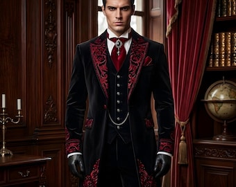 Men's Black Velvet Gothic Tailcoat Jacket, Burgundy Embroidered Victorian Formal Coat, Gothic Wedding Tuxedo, Vampire Blazer