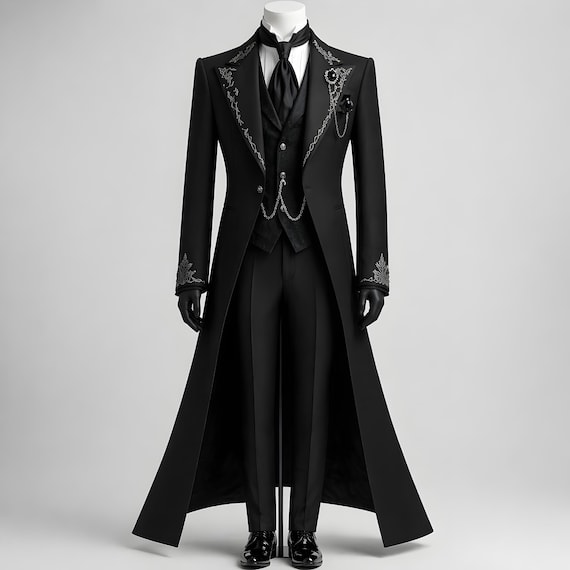 Black Gothic Tailcoat Suit: Victorian Steampunk Embroidered 3-Piece Men's Formalwear