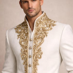 May include: White formal jacket with ornate gold embroidery around the collar and down the front. The jacket features a high collar and decorative buttons. The sleeves have gold embroidery at the cuffs. A sophisticated garment for special occasions.