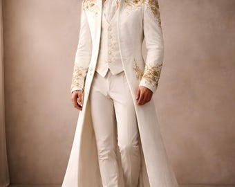 Ivory Embroidered Tailcoat Suit, Victorian Wedding Tuxedo, Regal Slim Fit Ensemble