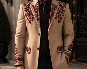 Men's Beige Embroidered Wool Overcoat Victorian Formal Jacket Gothic Wedding Coat Luxury Tailored Blazer for Groom & Evening Wear