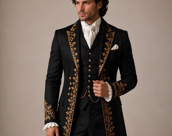 Black Victorian Tailcoat, Gold Embroidered Wool Blend Prince Jacket