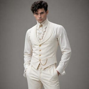 Pode incluir: Terno formal creme com camisa de gola alta com detalhes de babados, colete com bot&otilde;es dourados e cal&ccedil;as a condizer. Uma corrente dourada pende do bolso do colete. A roupa &eacute; um estilo cl&aacute;ssico e elegante.