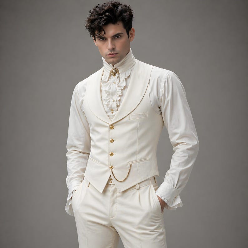 Pode incluir: Terno formal creme com camisa de gola alta com detalhes de babados, colete com bot&otilde;es dourados e cal&ccedil;as a condizer. Uma corrente dourada pende do bolso do colete. A roupa &eacute; um estilo cl&aacute;ssico e elegante.