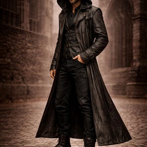 Puede incluir: Una gabardina larga de cuero oscuro con capucha sobre una camisa oscura abotonada, un chaleco oscuro con tres hebillas frontales, pantalones vaqueros oscuros y botas de combate negras con cordones. El conjunto tiene un cuello estructurado.