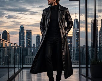 Men's Black Leather Trench Coat, Long Leather Overcoat for Men, Modern Minimalist Statement Coat, Luxury Evening Wear, Gothic Urban Style