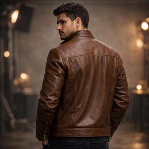 May include: A brown leather jacket featuring a stand-up collar, long sleeves with silver-toned metal zippers at the cuffs, and visible seam detailing across the back panel. The jacket has a smooth, slightly distressed finish and a structured fit.