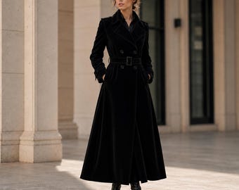 Women's Black Velvet Trench Coat Long Belted Double Breasted Maxi Overcoat Elegant Winter Formal Evening Luxury Outerwear