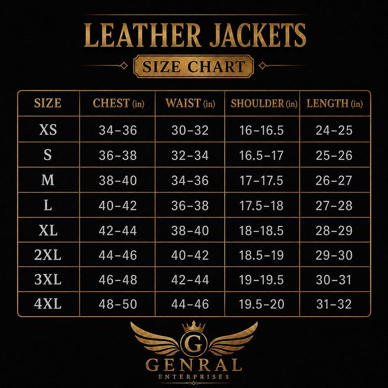 May include: A black leather jacket size chart with gold text and borders. The table lists sizes from XS to 4XL with corresponding chest, waist, shoulder, and length measurements in inches. The header reads LEATHER JACKETS SIZE CHART and GENRAL ENTERPRISES.