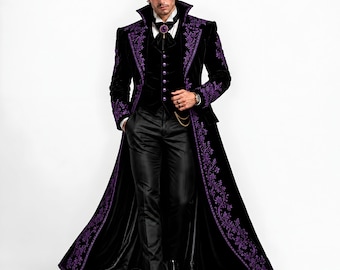 Black Velvet Gothic Tailcoat for Men, Purple Embroidered Victorian Long Coat, Luxury Wedding Formal Evening Statement Jacket