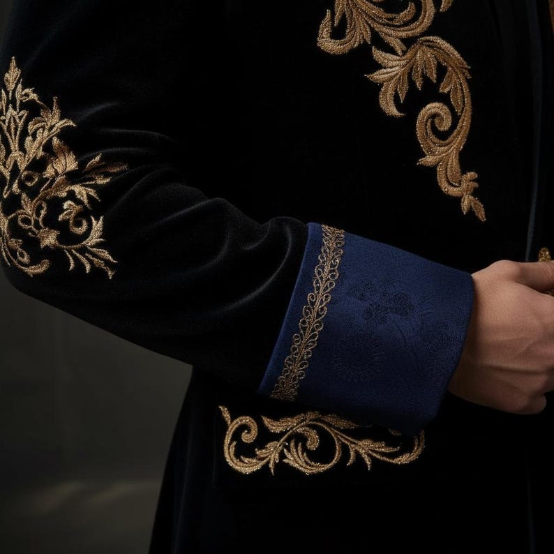 Puede incluir: Chaqueta de terciopelo negro con bordados dorados en las mangas y hombros. Los pu&ntilde;os son de color azul oscuro con un ribete dorado. El dise&ntilde;o ornamentado sugiere una prenda formal o teatral.