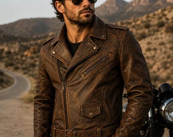 Men's Distressed Brown Leather Biker Jacket Vintage Motorcycle Coat Classic Moto Outerwear Slim Fit Casual Streetwear Gift for Him