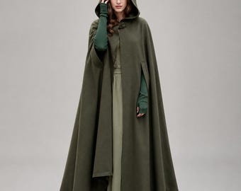 Hooded Wool Cloak Cape, Medieval Fantasy Elven Mantle, Renaissance Gothic Costume