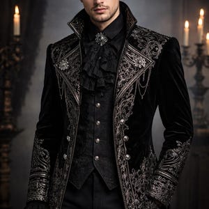 Puede incluir: Un abrigo de terciopelo negro con bordados y adornos plateados ornamentados. El abrigo presenta un cuello alto, botones decorativos y un chaleco a juego. El atuendo se completa con una camisa y pantalones negros, creando una estética gótica o de inspiración victoriana.