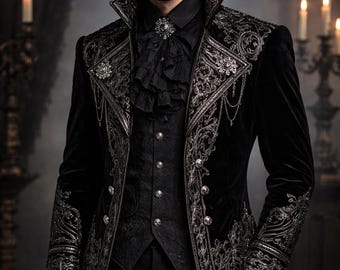 Men's Black Embroidered Gothic Victorian Tailcoat | Baroque Steampunk Wedding Jacket