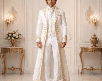 Ivory Embroidered Tailcoat Suit, Gold Embellished Groom Attire, Victorian Style Formalwear