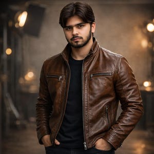 May include: A brown leather jacket with a stand-up collar, a full-length front zipper, and two horizontal zippered chest pockets. The jacket features long sleeves with zippered cuffs and is worn over a plain black t-shirt with a crew neckline.