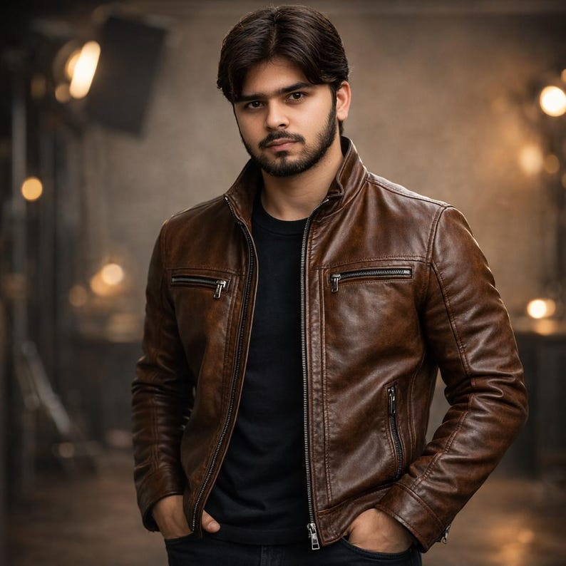 May include: A brown leather jacket with a stand-up collar, a full-length front zipper, and two horizontal zippered chest pockets. The jacket features long sleeves with zippered cuffs and is worn over a plain black t-shirt with a crew neckline.